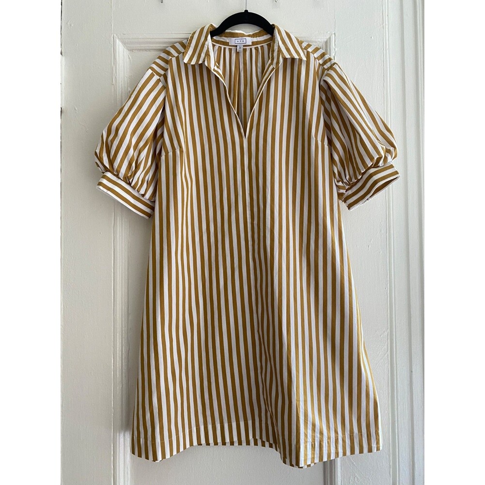 AYR Solstice Striped Mustard Puff Sleeve Cotton Collared Shirt Dress L Pockets